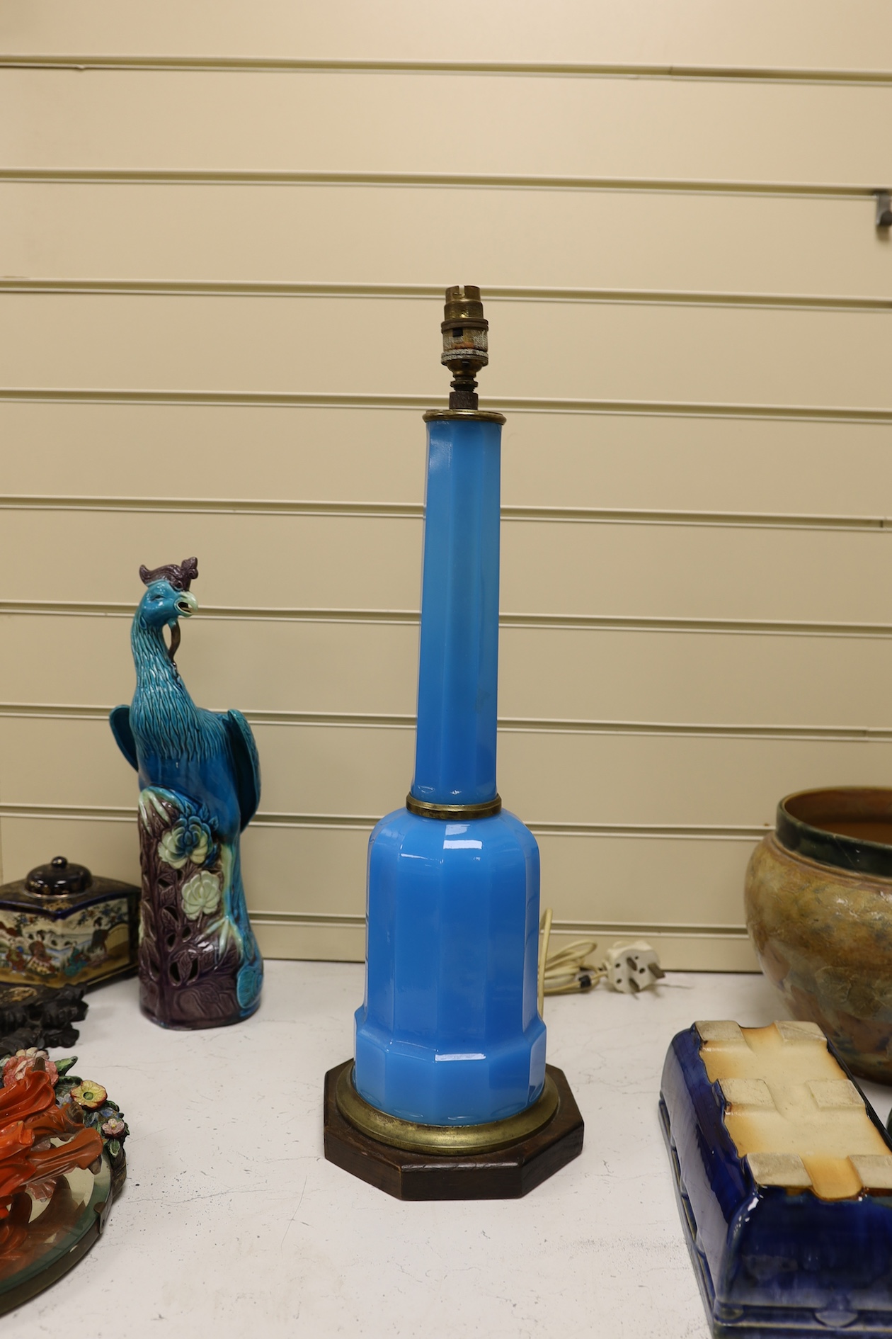 A French blue opaline glass table lamp, 59cm high overall. Condition - good